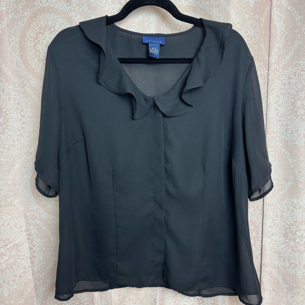 Venezia Vintage Y2K 90s Sheer Black Button Up Blouse Ruffle Collar Size 14/16